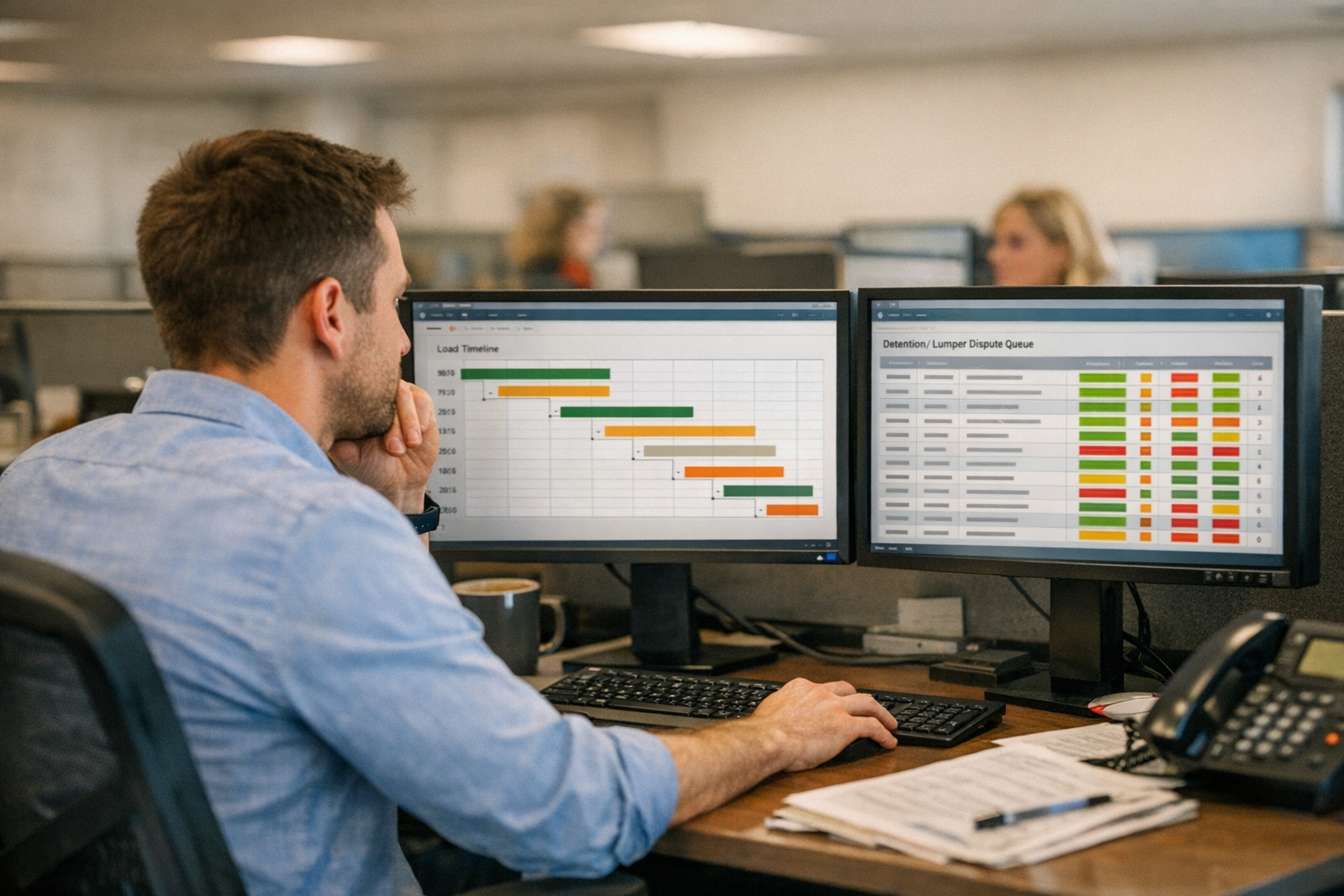 Carrier pay analyst reviewing accessorial exceptions in a freight brokerage office