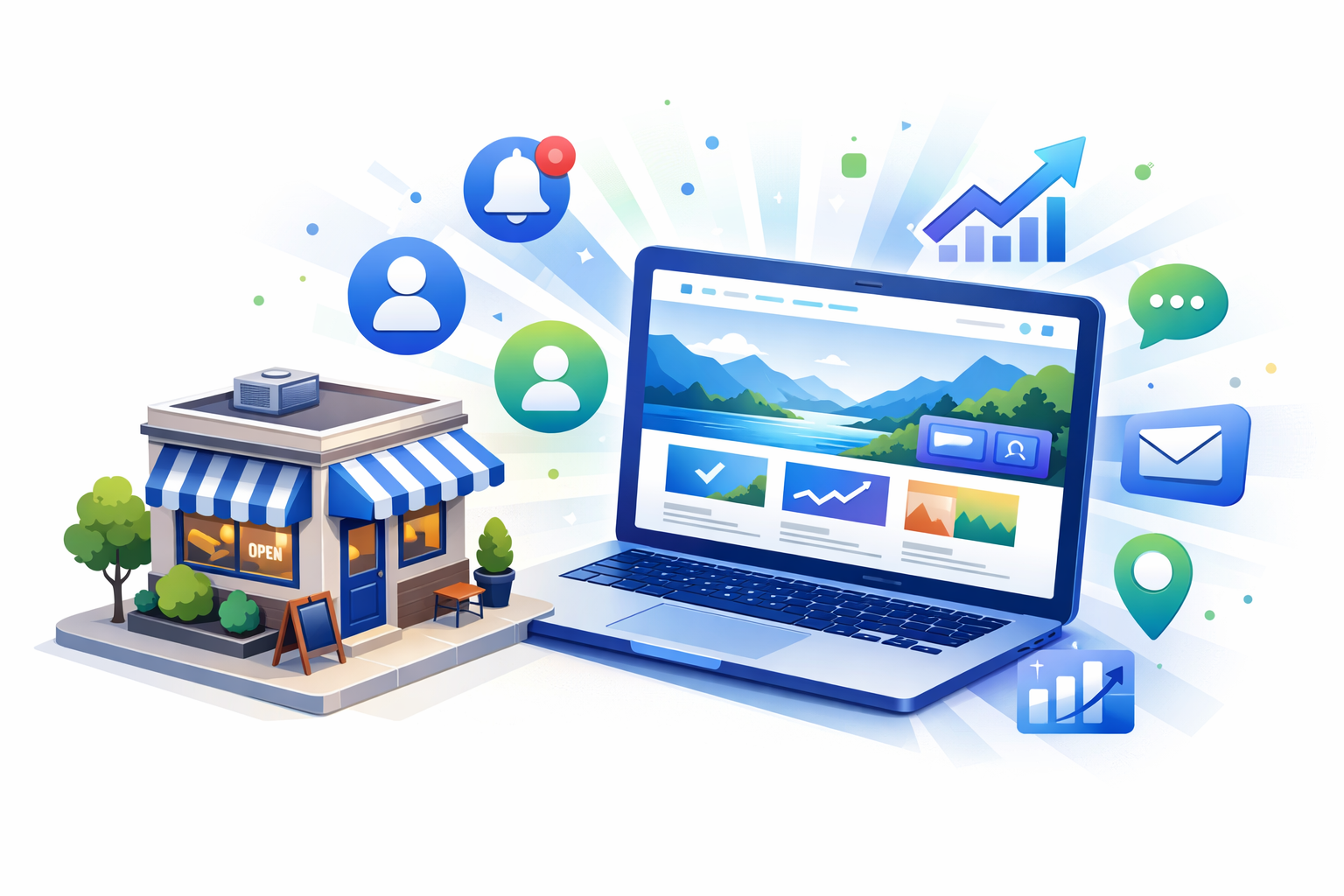 Small business storefront with modern website and digital growth elements showing transformation